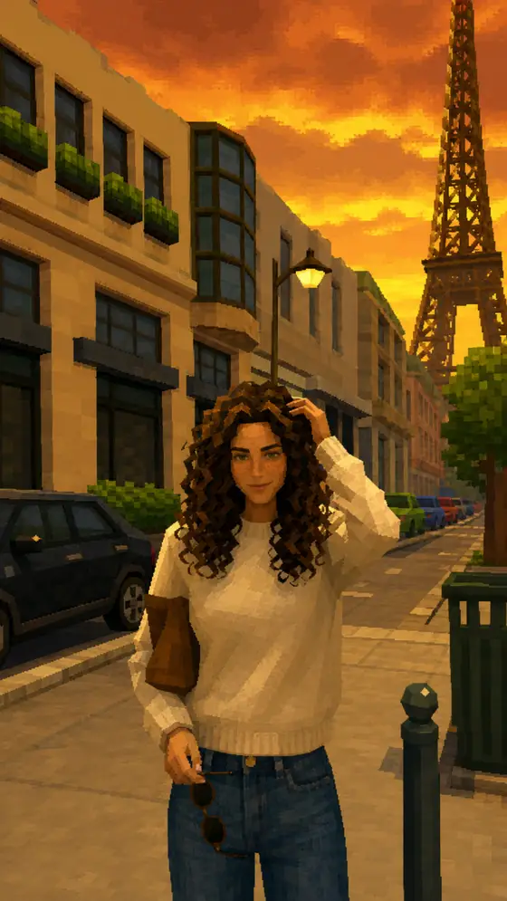 Late-90s platformer nostalgia: chunky low-poly forms under a painterly golden-hour sky.