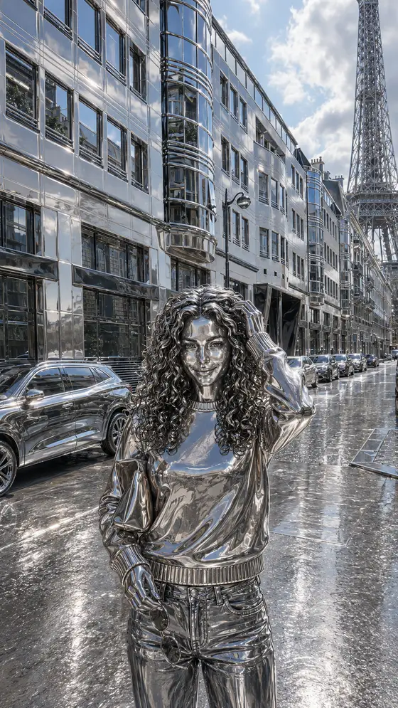 Every surface remapped to polished mirror chrome with distorted environment reflections.
