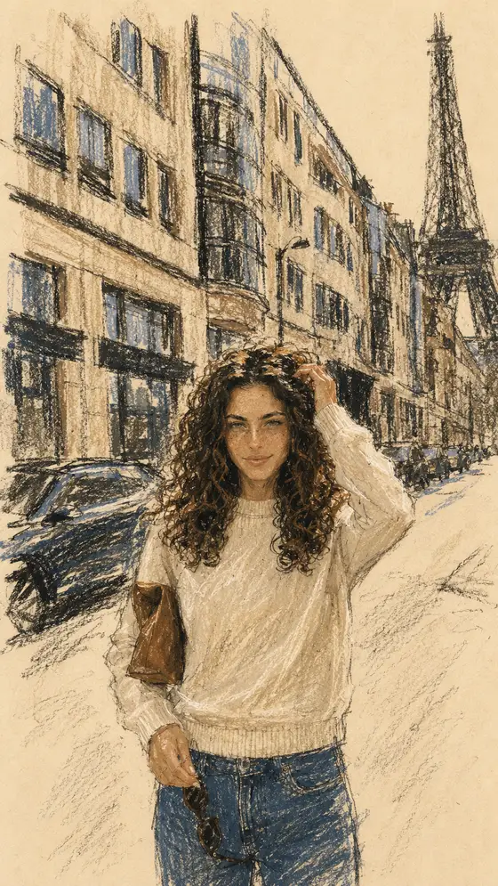 Fashion illustration in wax crayon, oil pastel and charcoal on warm cream paper.