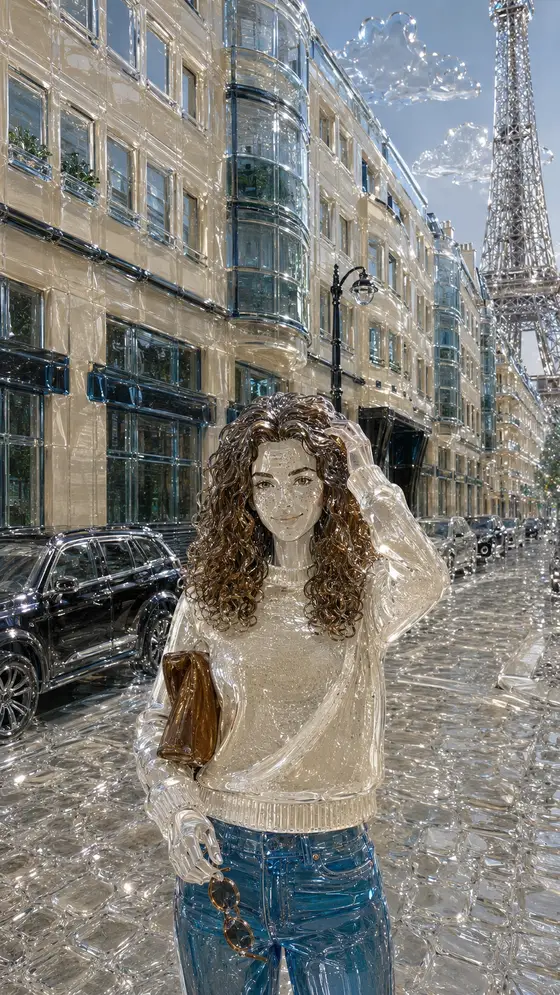 Every form recast in clear, frosted and tinted glass, with refraction and caustics.