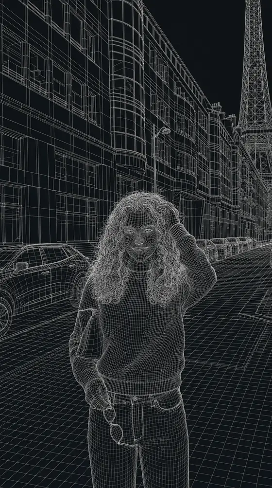 Every surface reduced to mesh edges and vertices over a dark neutral ground.