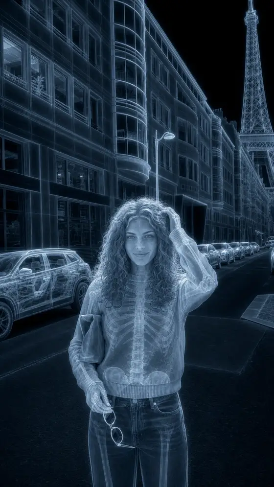 Radiographic treatment: translucent forms, layered density, pale cyan on deep navy.