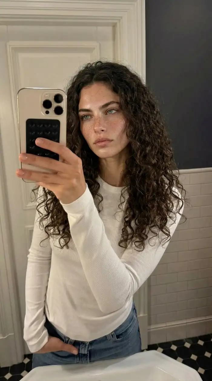 Vertical indoor selfie template featuring a woman with curly hair in casual white top and jeans, framed by bathroom tiles and a door.