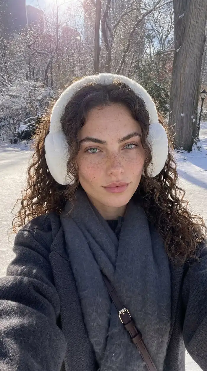 Vertical outdoor selfie template featuring a woman in winter attire with earmuffs and scarf, set against a snowy park background with sunlight filtering through trees.